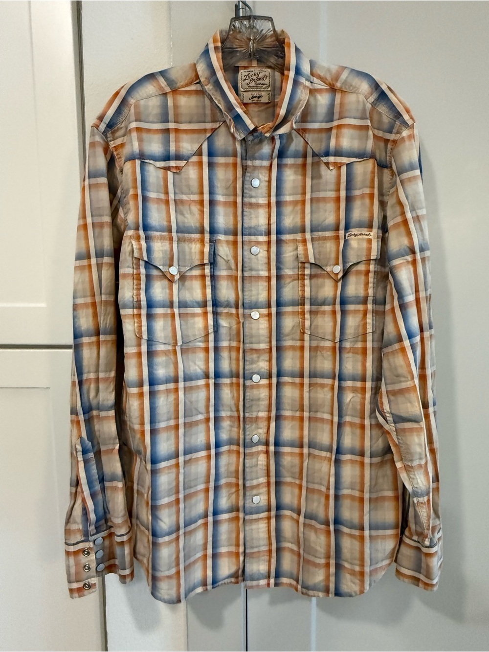 Lucky Brand Orange and Blue Plaid Western Pearl Snap  Shirt